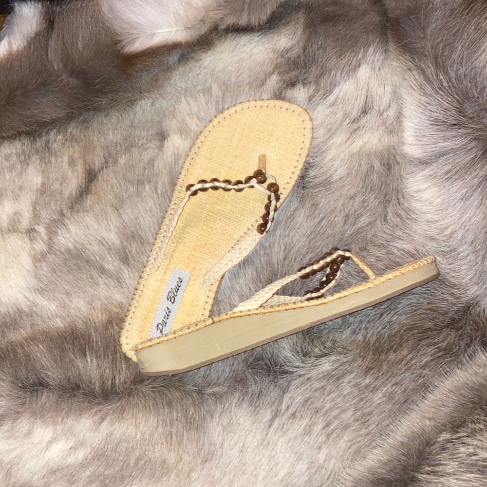 Tan/Cream Sandal with brown beaded thong and woven flat